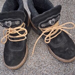 Black Suede Lace-Up Ankle Boots with Heart Accent